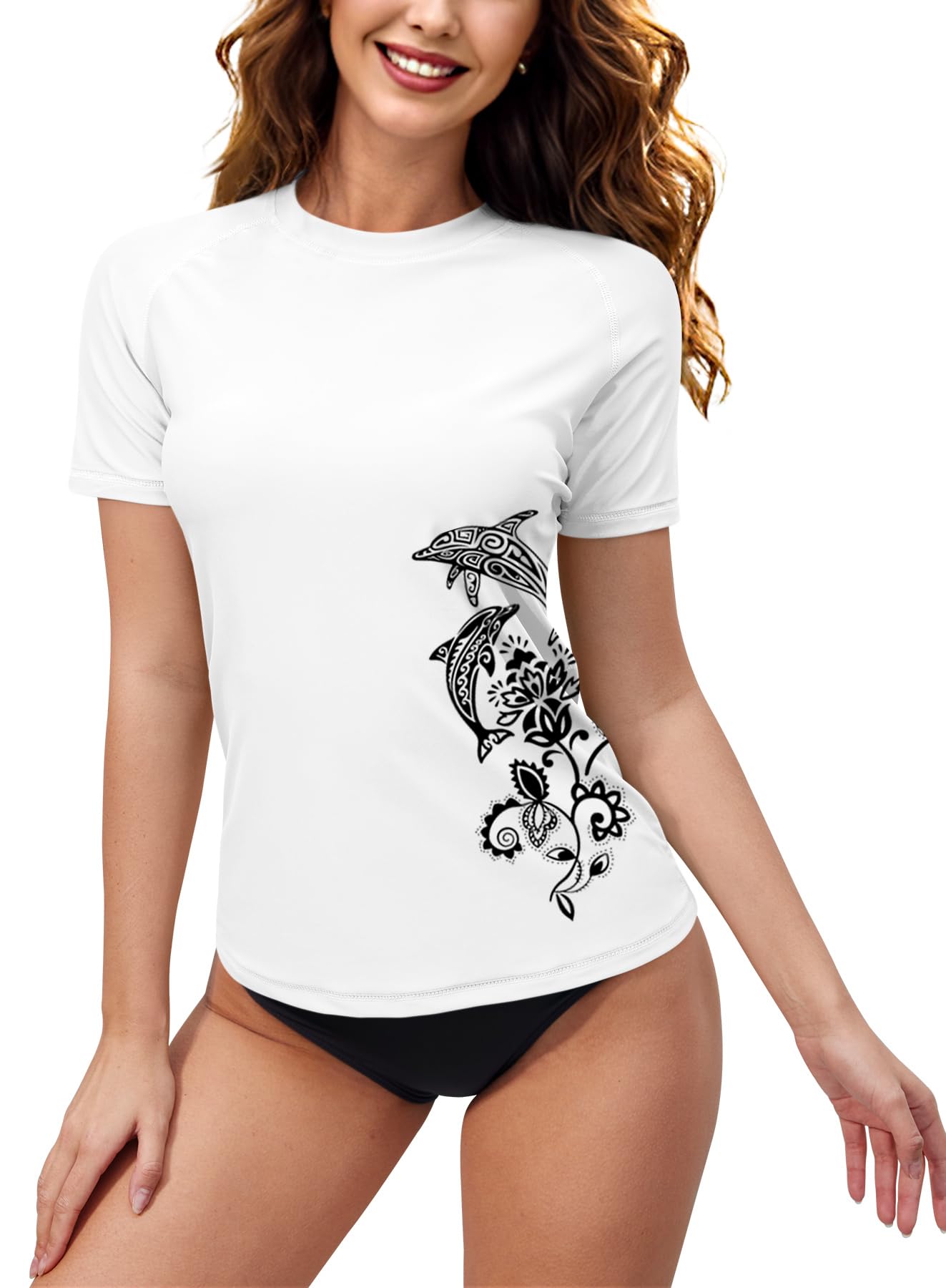 BesserBay Damen Rash Guard Shirt UPF 50+ Rundhals Kurzarm Schnelltrocknend Badeshirt S-XXL