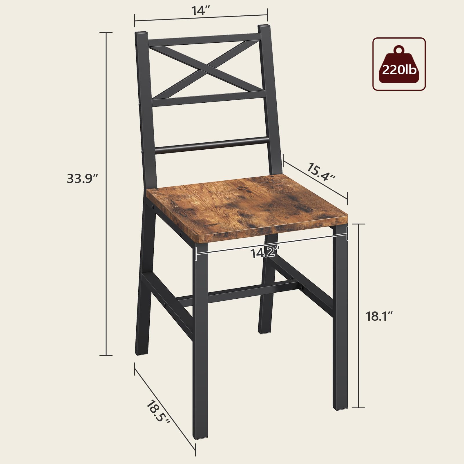 Juego de 2 sillas de comedor de madera rústica con respaldo, sillas de comedor de granja para cocina, silla de estilo industrial con marco de metal, fácil montaje, marrón rústico TBHR1001 5