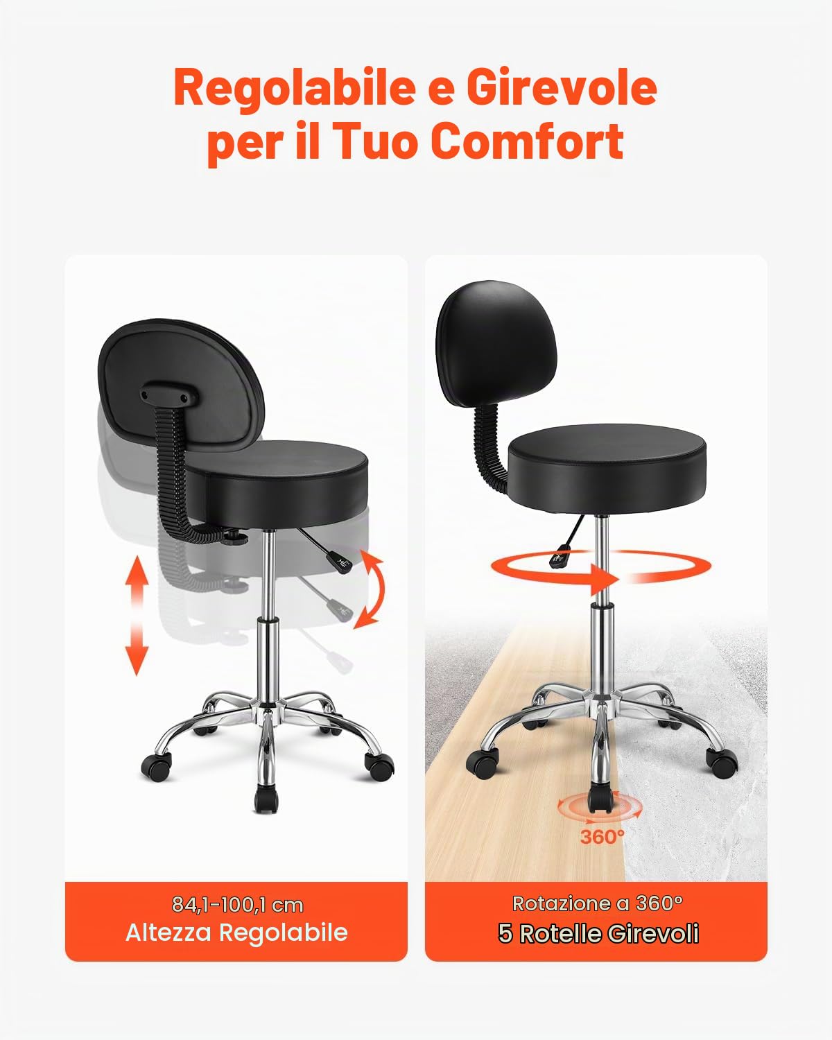 VEVOR Sgabello Girevole con Supporto per Schiena e Ruote, Capacità 204 kg, Sgabello Girevole Rotondo in Pelle, Sgabello Ispessita Regolabile in Altezza per Salone Spa Massaggi Clinica, Nero