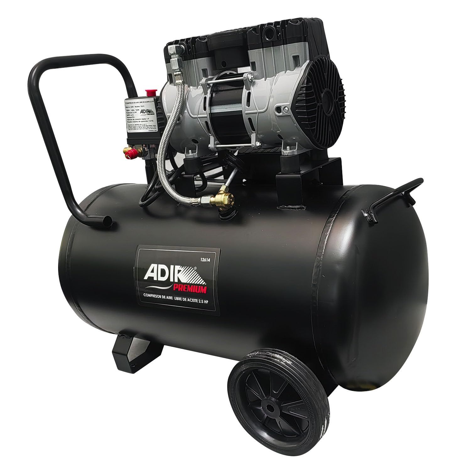 Adir Compresor de Aire Silencioso, Libre de Aceite 2.5HP Tanque de 50 Litros Portátil Con Ruedas, 115 PSI Negro 12614