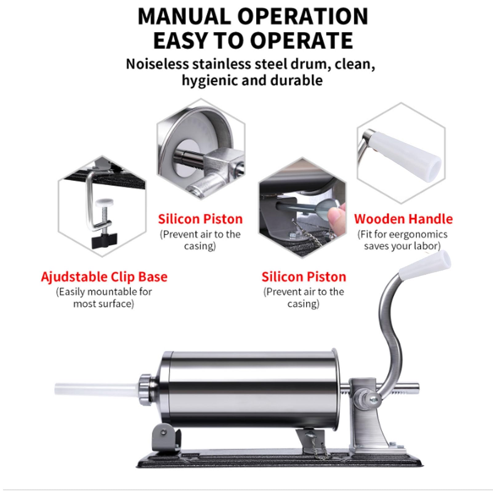 Zerodis Embutidora Manual de Salchichas Rellenadora de Carne de Acero Inoxidable Máquina Compacta para Hacer Salchichas con Velocidad de Llenado Ajustable Picadora de Carne y Embutidora para Cocina