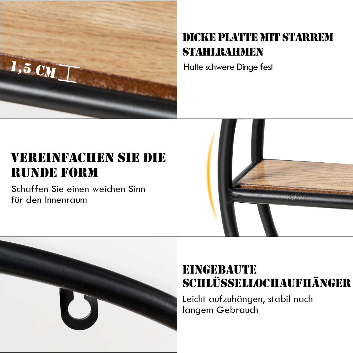 COSTWAY Wandregal Rund, Hängeregal mit 4 Böden, Metallregal Holz, kreisförmiges Bücherregal für Schlafzimmer, Wohnzimmer, Küche und Büro 55x55x11cm