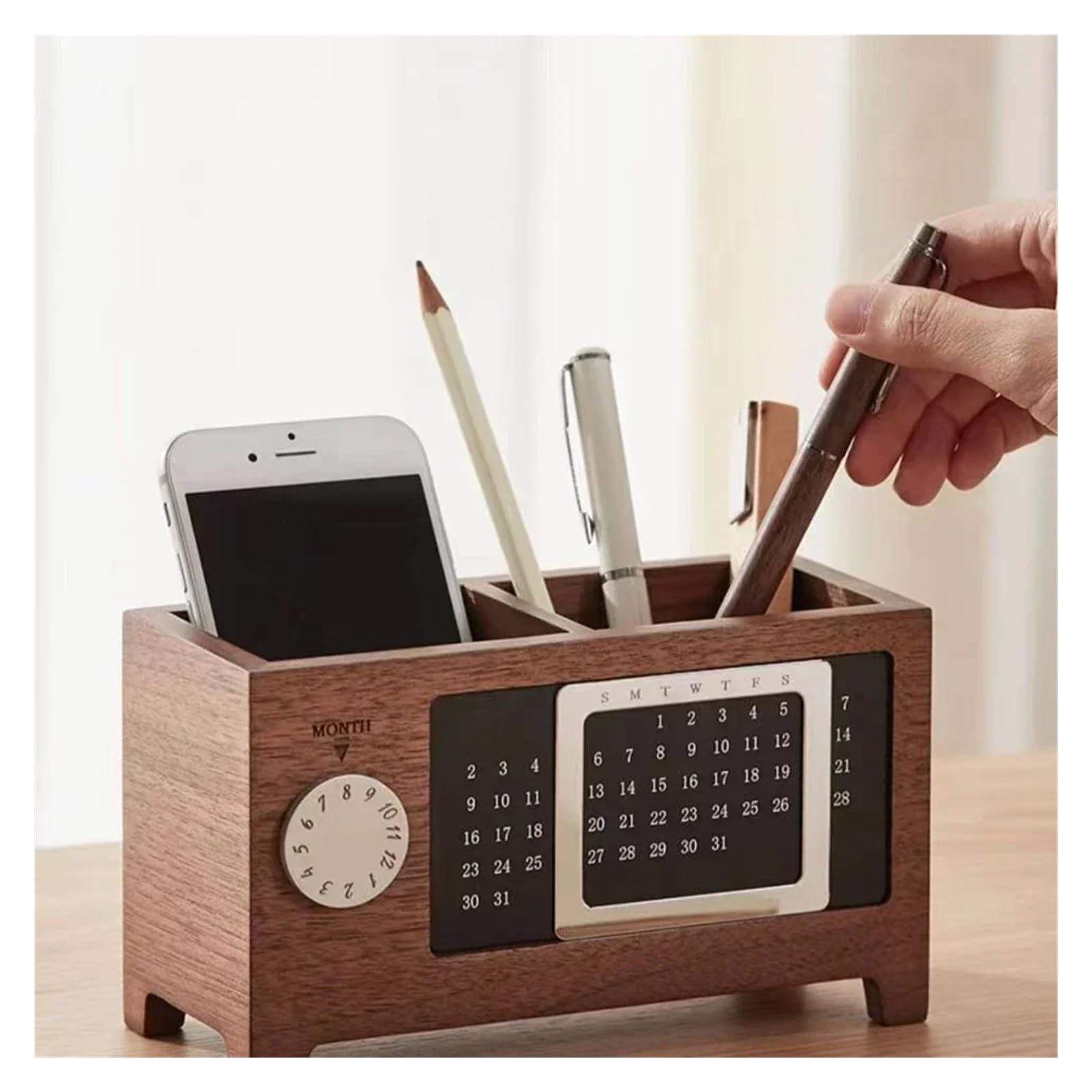 Schreibtisch Organizer Stationery Control Wooden Multifunctional Box Organizer Holder Remote Storage Pen Pencil Desktop Calendar Creative(Walnut)