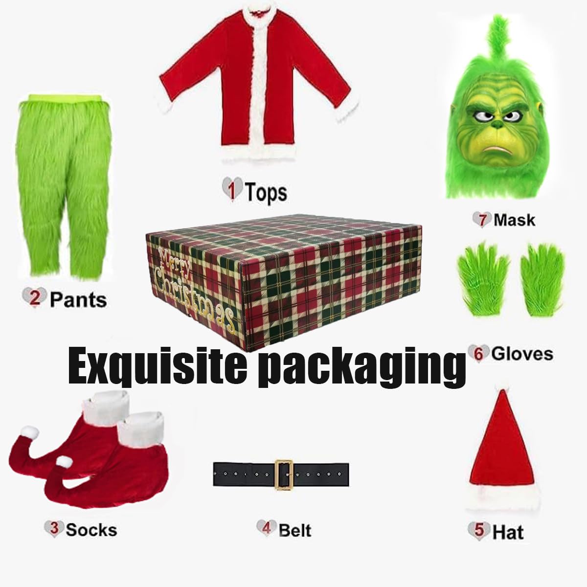 Green Christmas Monster Costume, 7PCS Deluxe Furry Santa Suit for Cosplay Props Decorations
