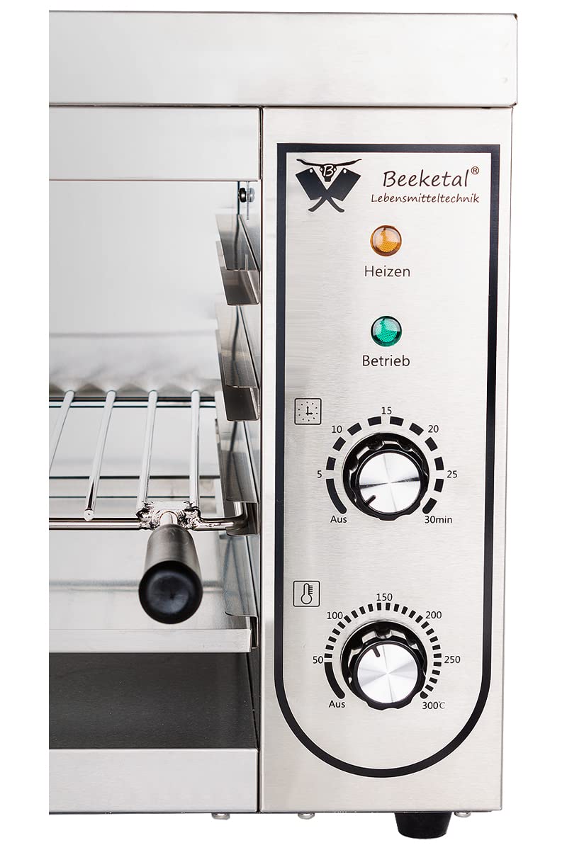 Beeketal 'BSP-2' Profi Gastro Salamander Grill Überbackgerät aus Edelstahl mit 1 Gitter (4 Höhen), 5-30 Minuten Timer, Thermostat 50-300 °C (direkt an der Heizspirale), extra Krümelschublade