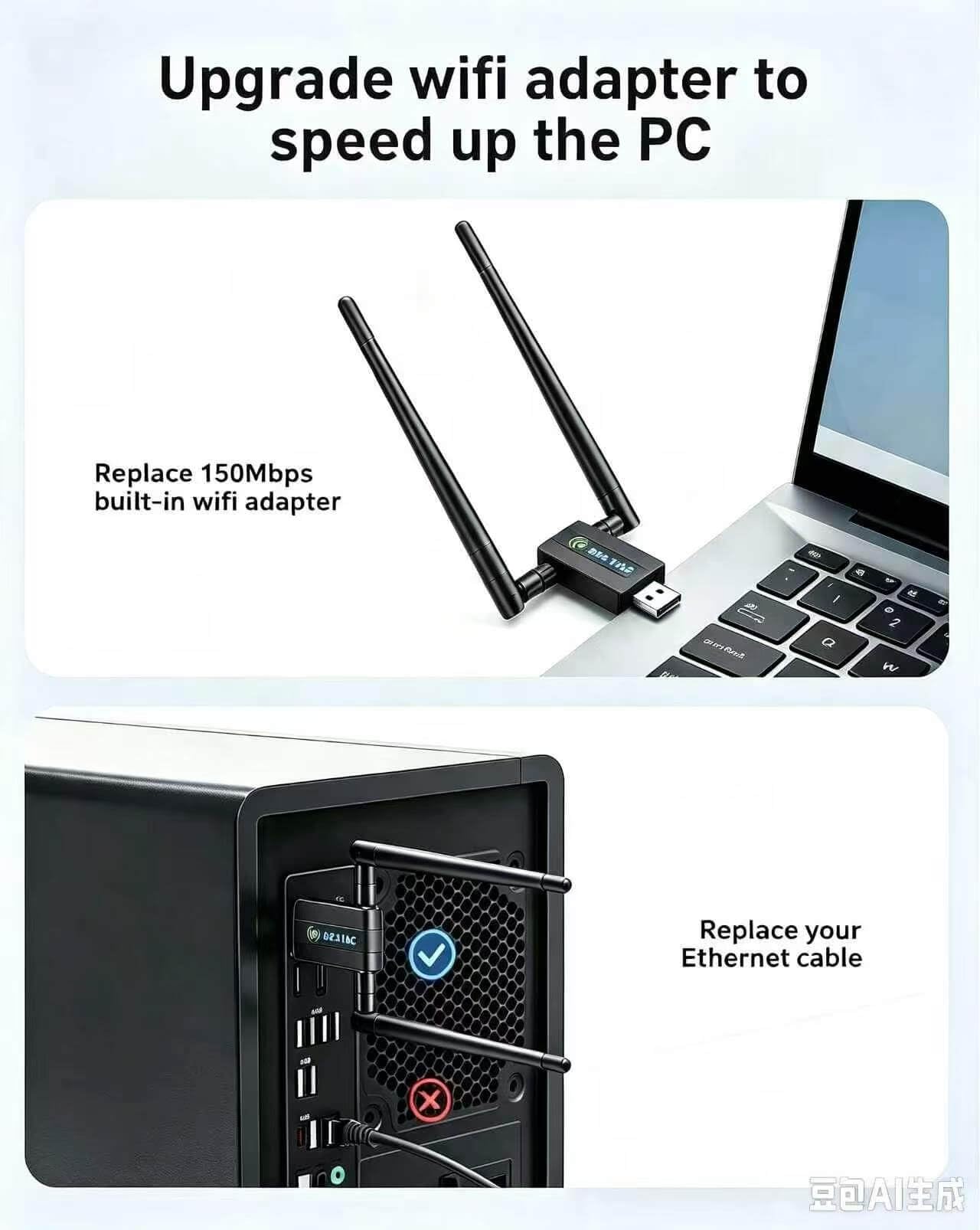Adaptateur WiFi USB sans fil pour PC : 1300 Mbps 5G/2.4G double antenne 5dBi à gain élevé adaptateur WiFi pour PC de bureau, dongle réseau sans fil pour Windows 11/10/7
