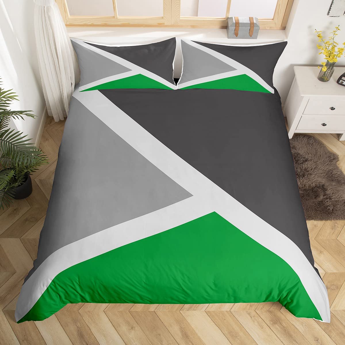 Homewish Green and Gray Duvet Cover Set with 2 Pillowcases - Super King Size, 100% Soft & Breathable Polyester, Zip Closure - Geometric Triangle Bedding - Modern Simple Pattern with Black Reverse โ image 1