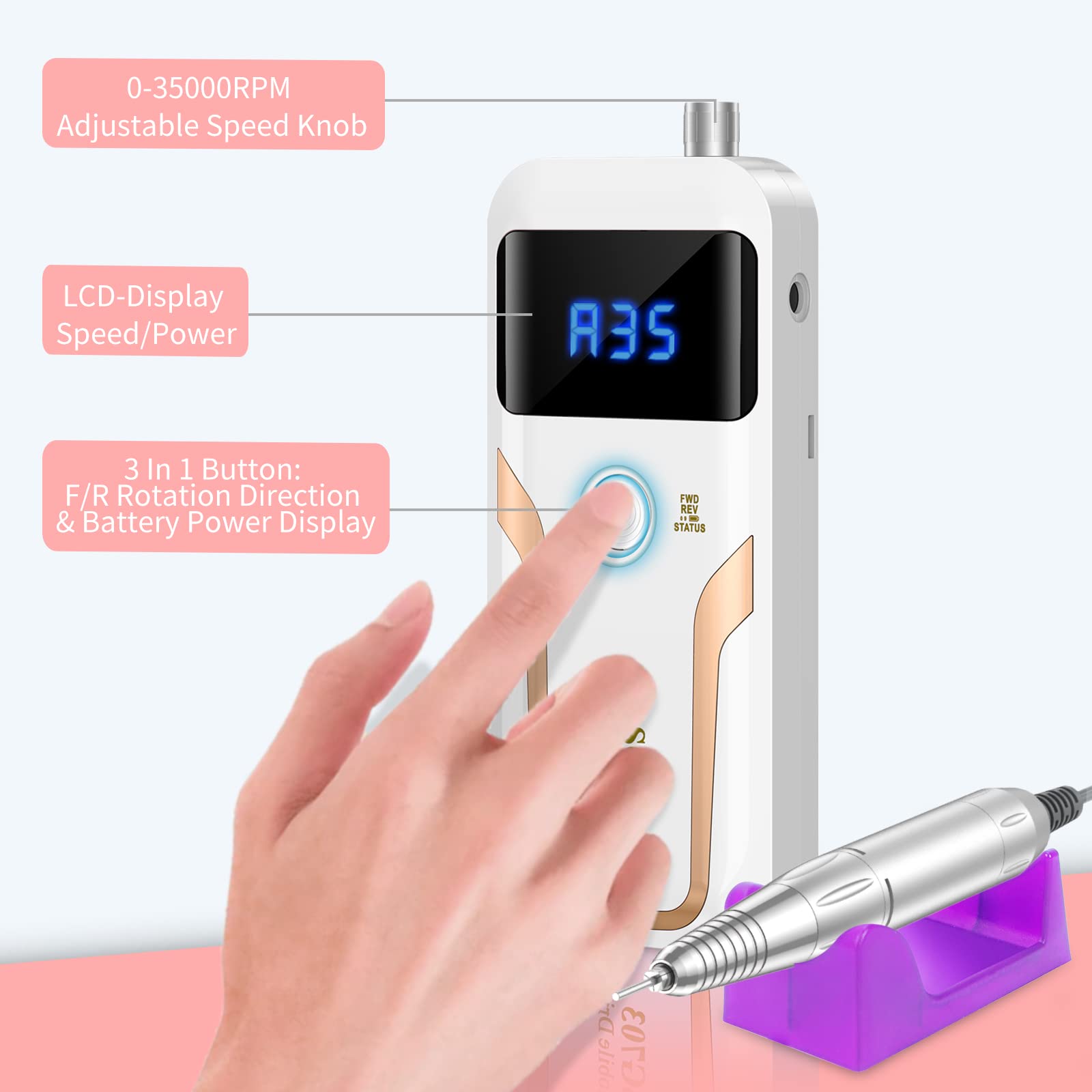 MOCOWIND Portable Nail Drill Professional 35000 RPM, Rechargeable Electric Nail File Machine Cordless E-File for Acrylic Gel Polishing Removing with Bits Kit for Manicure Salon Home,