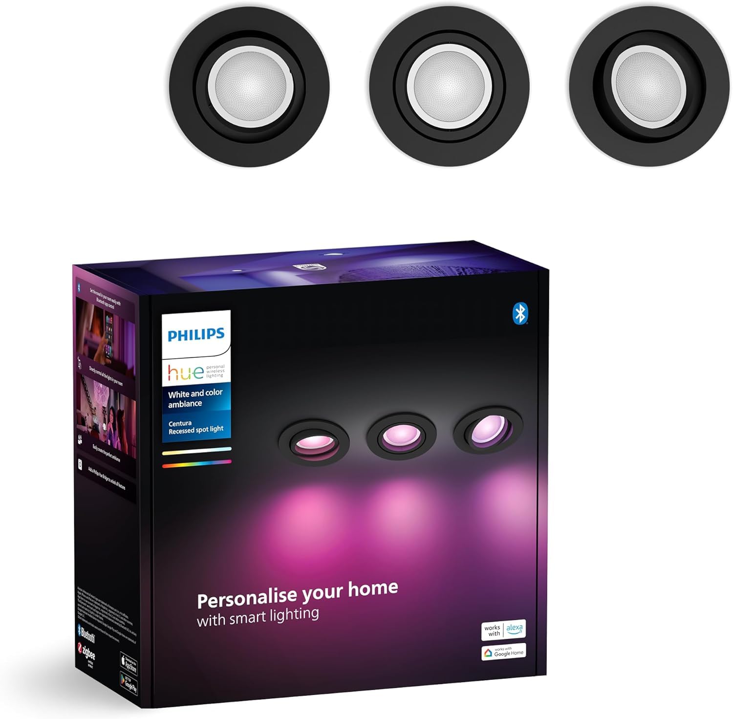 Philips Hue Centura Pack de 3 focos empotrables redondos, Luz Blanca y de Colores Regulable, Control por Voz y App, Compatible con Alexa y Google Home, Negro
