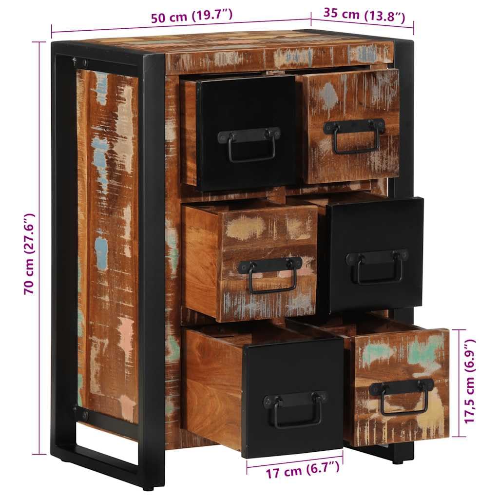 Kredens 50 x 35 x 70 cm, lite drewno, czarno-brązowy, z 6 szufladami, do salonu, korytarza, jadalni, rustykalne meble, stabilne żelazo, praktyczna przestrzeń do przechowywania