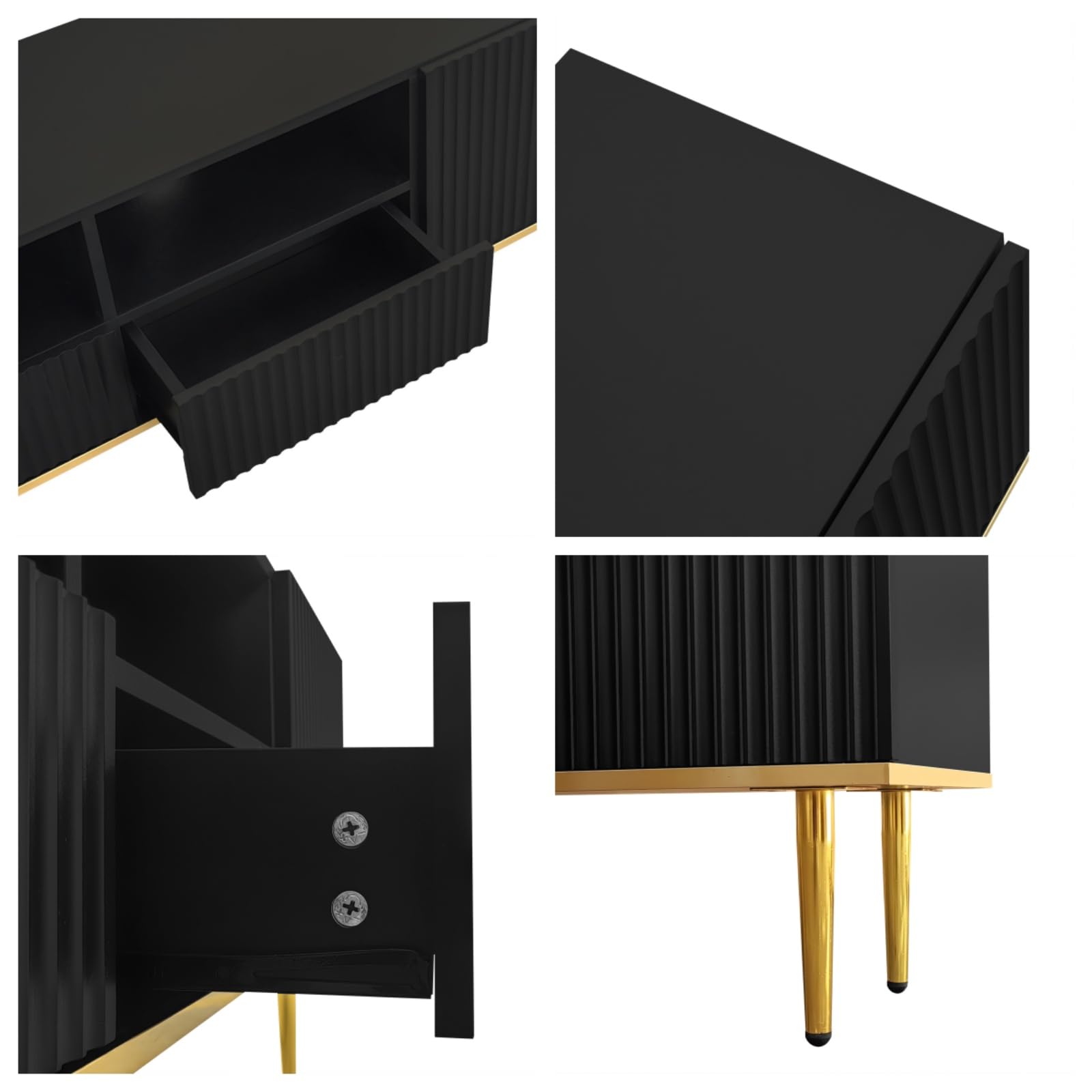 KOMHTOM Supporto per TV nero credenza TV mobile lowboard con cassetti e gambe dorate tv board per camera da letto soggiorno (nero+oro)