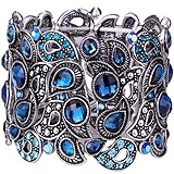 YACQ Women's Flower Stretch Cuff Bracelet fit Wrist Size 6-1/2 to 7-1/2 Inch - Comfortable Elastic Band & Floral Pattern Crystal Jewelry - Lead & Nickle Free - Halloween Costume Outfit (Blue)