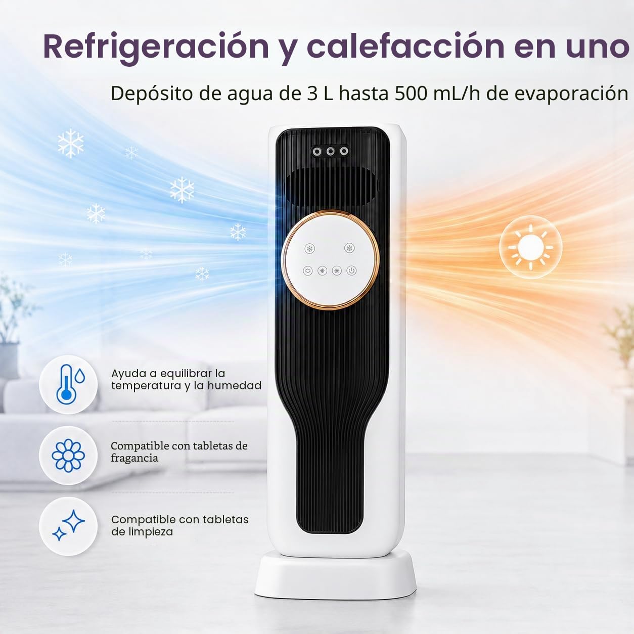 Enfriador de Aire con 5 Modos Frío y Calor, Climatizador Evaporativo con Oscilación de 180° y Depósito de 3L, Aire Acondicionado Portátil para Hogar Oficina Salón y Dormitorio (Blanco)
