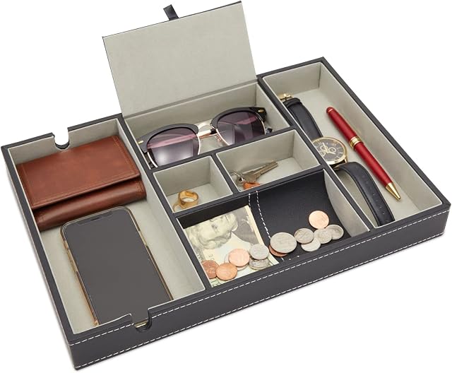 Juvale Valet Tray, Bedside Table Organiser with 6 Compartments for Phone, Wallet, Keys, Black PU Leather, 35 x 24 x 4 cm