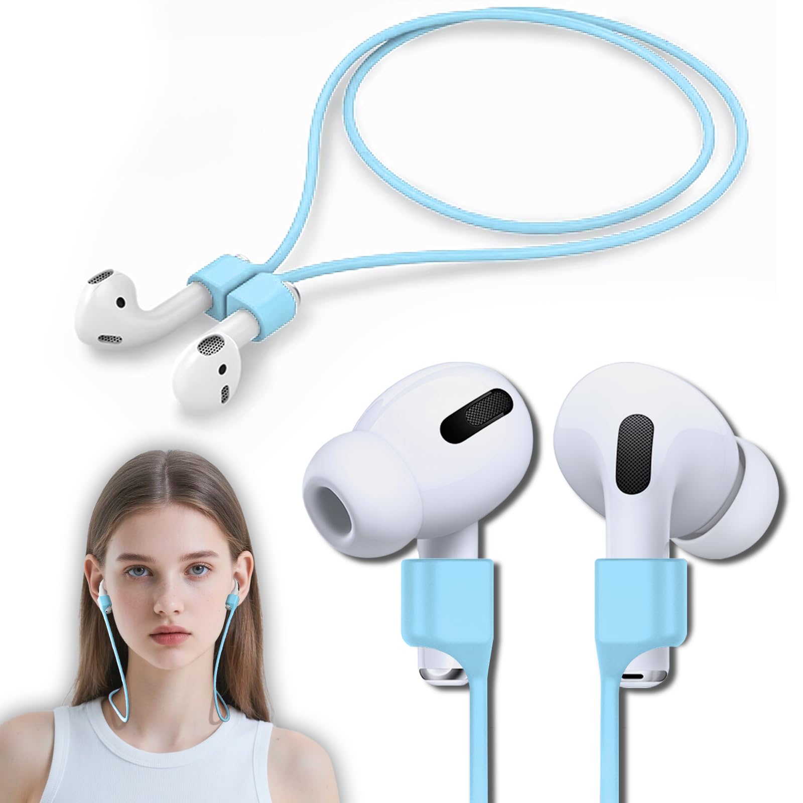 1 Pack Ultra Strong Magnetic Anti-Lost Straps for AirPods, Colorful Soft Silicone Sports Lanyard Compatible with AirPods 4rd / AirPod Pro 1st & 2nd / AirPod 3rd /AirPods 1&2 ,Neck Rope Cord- White: B7-sky Blue