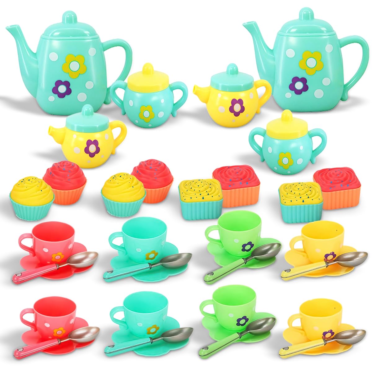 44 PCs Kids Tea Set for Girls, Pretend Play Tea Party Playset, Realistic Teapot, Cups, Plates & Cupcakes Kitchen Accessories, Afternoon Role Play Birthday Gift Toy Set For Children Ages 3+ Year
