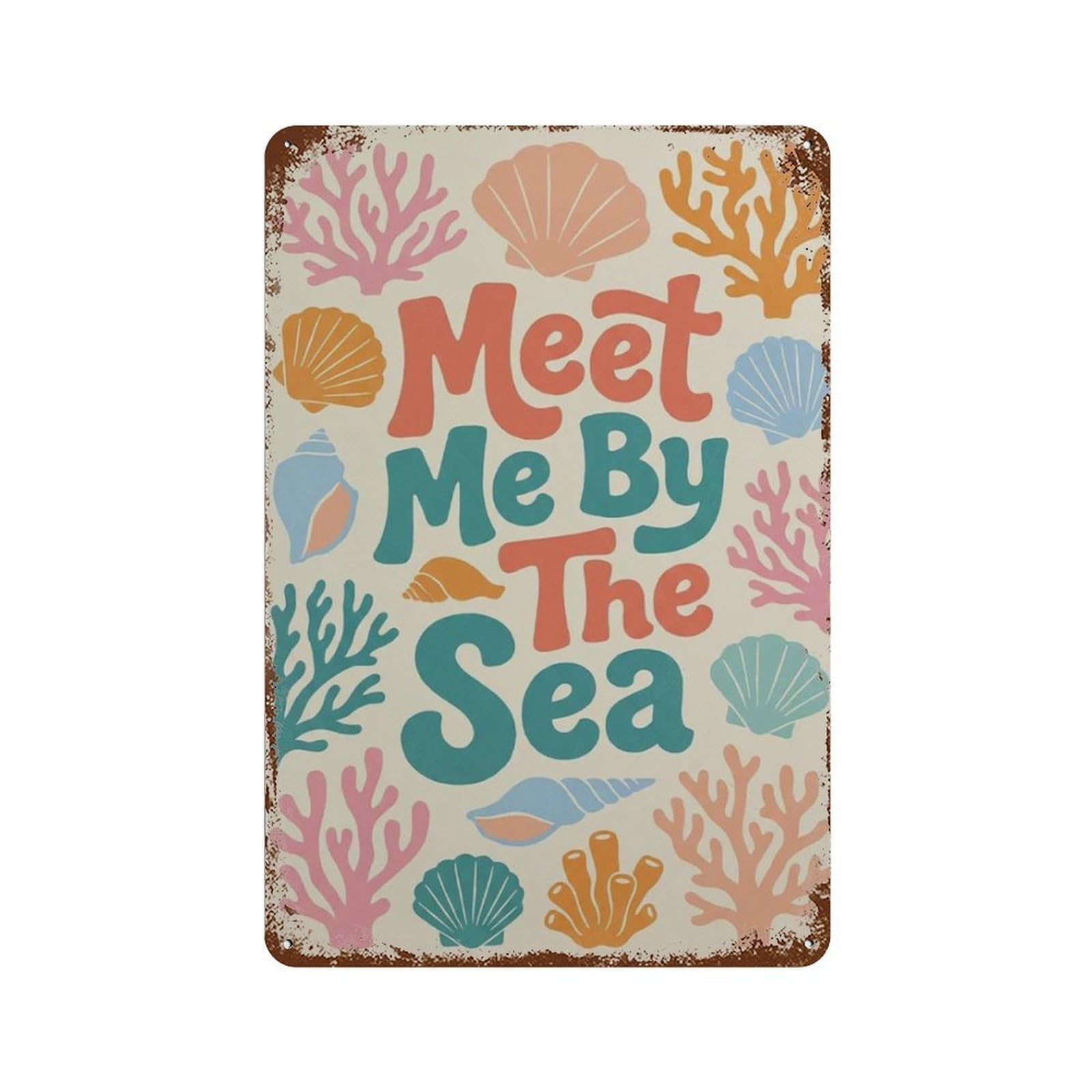 xiaoxiaoshen Meet Me By The Sea Coastal With Seashell And Coral Pastel Beach House Linocut Wall Decor Art Metal Tin Poster Modern Home Decor Art Home Bar Shop Decorations Vintage Sign 30x20cm