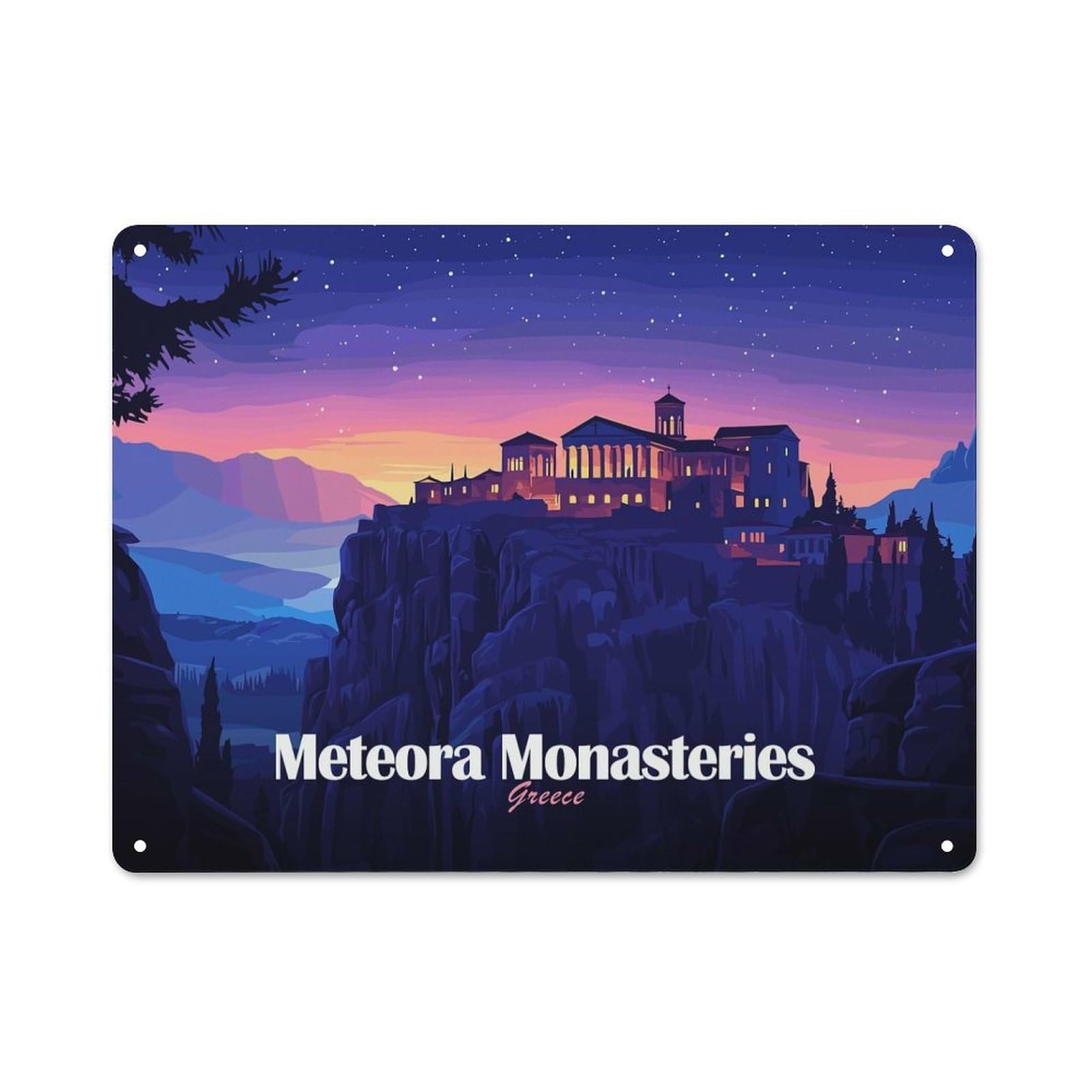 Junmoney Style Simple Retro Meteora Monasteries, Greece, Night Landscape Metal Wall Plaque 30X40cm, Creative Space Decor For Office, Study, Studio Or Hallway