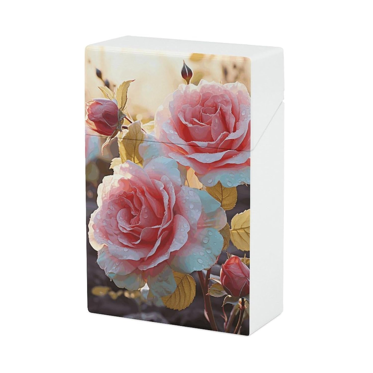 Rose Flower Wildflowers Cigarette Case for King Size Retro Holder Case with Exquisite Carved Patterns Box 20 Regular Size Cigarettes