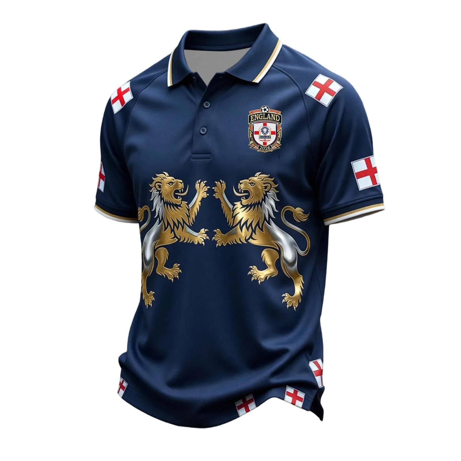 England World Cup Shirt 2026 National Flag Print Polo Shirt World Cup Lion Print Britain Short Sleeve T Shirt Stretch Regular Fit Sport Top for Soccer Supporter Gold S