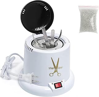 Nail Tool Sterilizer Machine,High Temperature Sterilizer Nail Tool Cleaning Pot for Nail Art Salon,Hair Cutting Scissors Cleaning Equipment (White with Glass Bead)