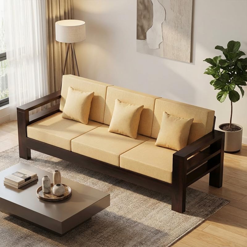 Image of Furniture Solid Sheesham Wood 3 Seater Sofa Set | Multipurpose Wooden Three Seater Lounge Sofa Set Furniture for Living Room, Home and Office (Walnut Finish)