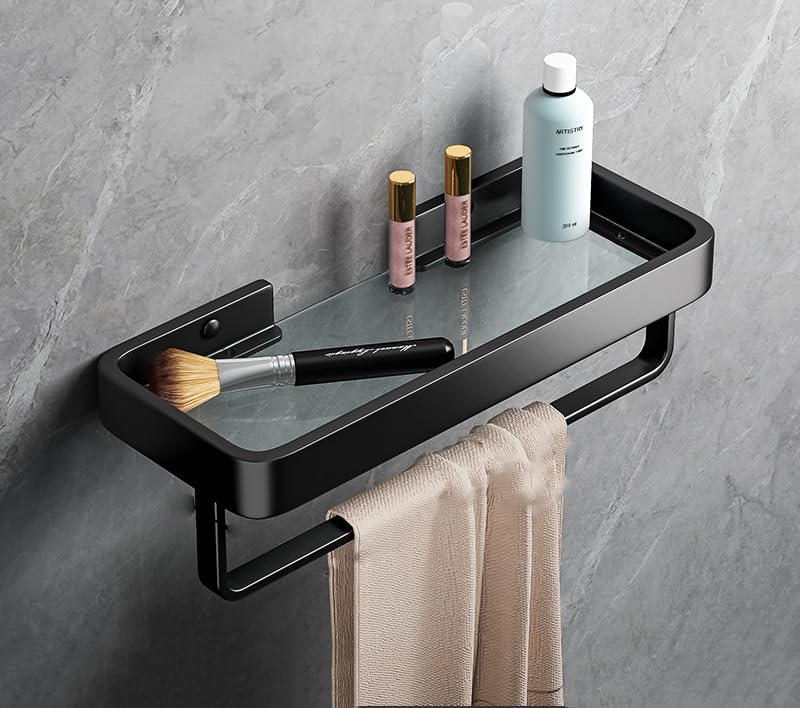 AJINGELA Wall Mounted Floating Metal Glass Storage Rack,Black Bathroom Shelf Wall Mounted Bath Shelves Space Saving Rustproof Extra Strong Floating Storage Rack With a Bar(30CM)