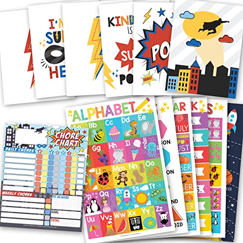 Hadley Designs 6 Reversible Superhero Wall Decor Prints Nursery Decor 1 Kids Chore Chart Magnetic, Reward Chart for Kids, 16 Educational Posters for Classroom Decor, Baby Shower Decorations