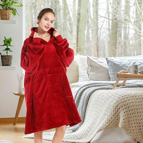 Miniatura 7 de REDESS Sudadera con capucha, manta de sherpa de gran tamaño con mangas y bolsillo gigante, acogedora sudadera con capucha para adultos y niños
