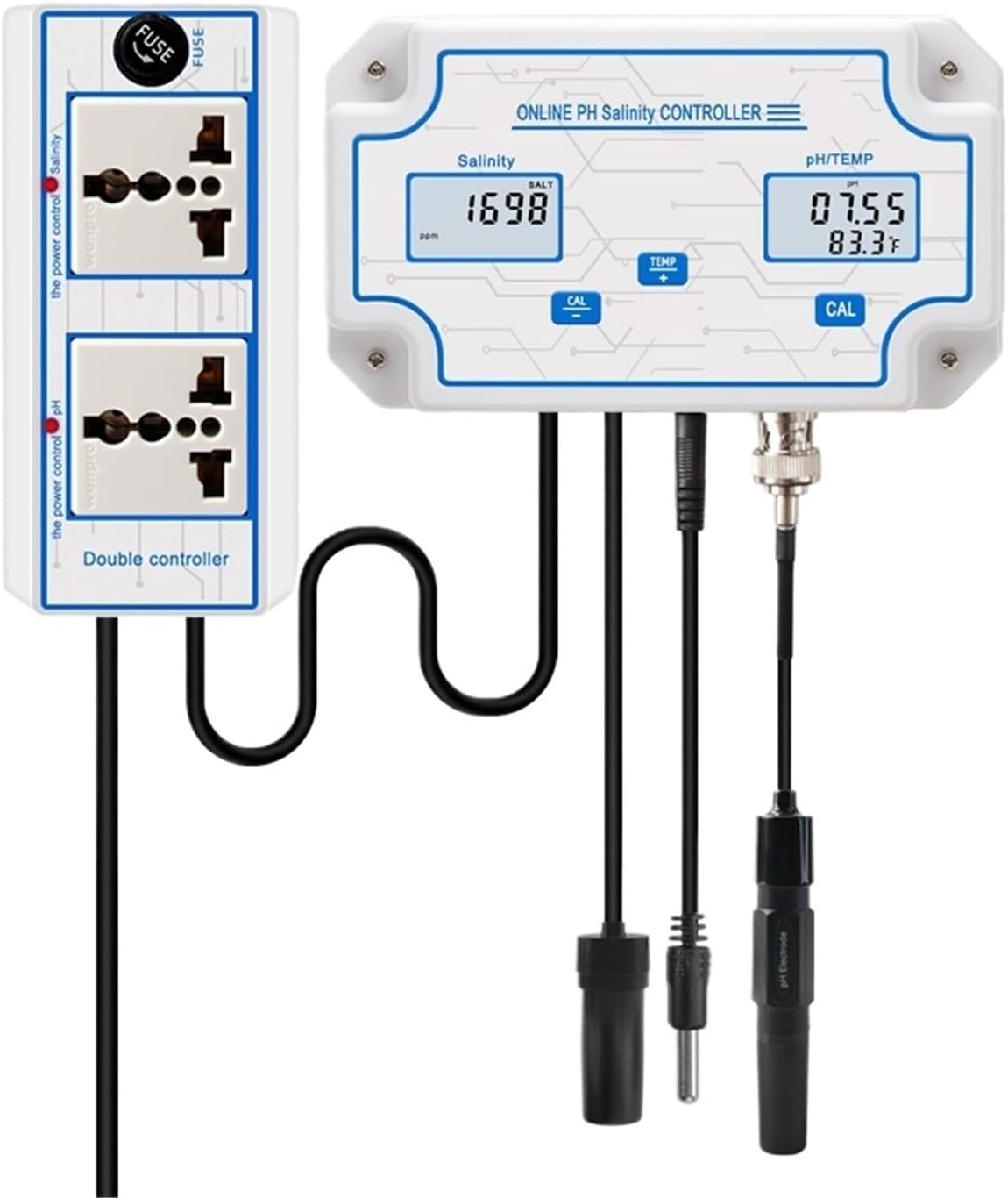 Online Ph Salinity Controller Meter Aquarium Fish Tank Seawater Salt Tester Monitor for Pool Koi Fish Pond with Dual