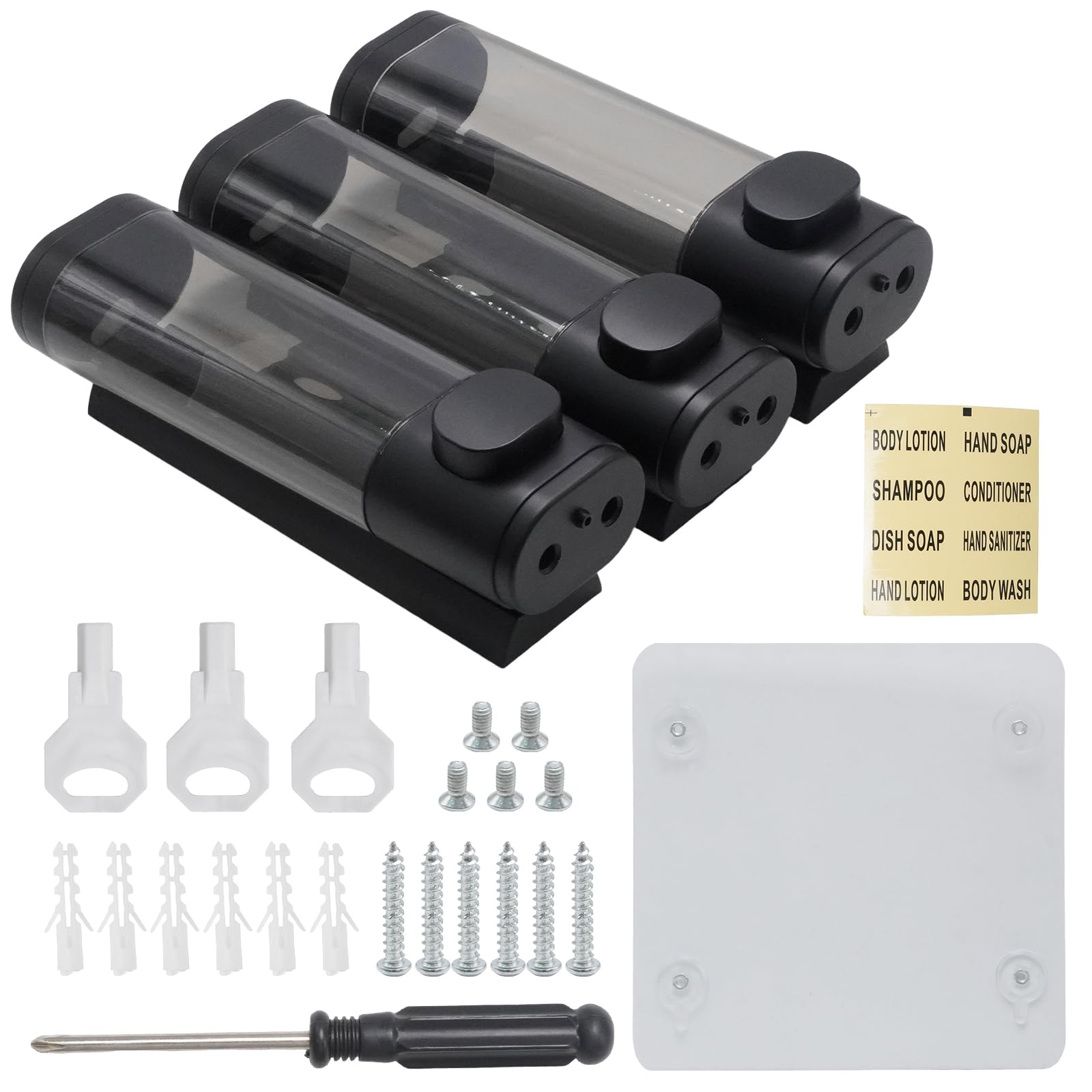 Hoypeyfiy Set dispenser per sapone a parete a 3 camere, dispenser per shampoo e gel doccia, installazione senza fori per l'organizzazione del bagno e della cucina (nero)