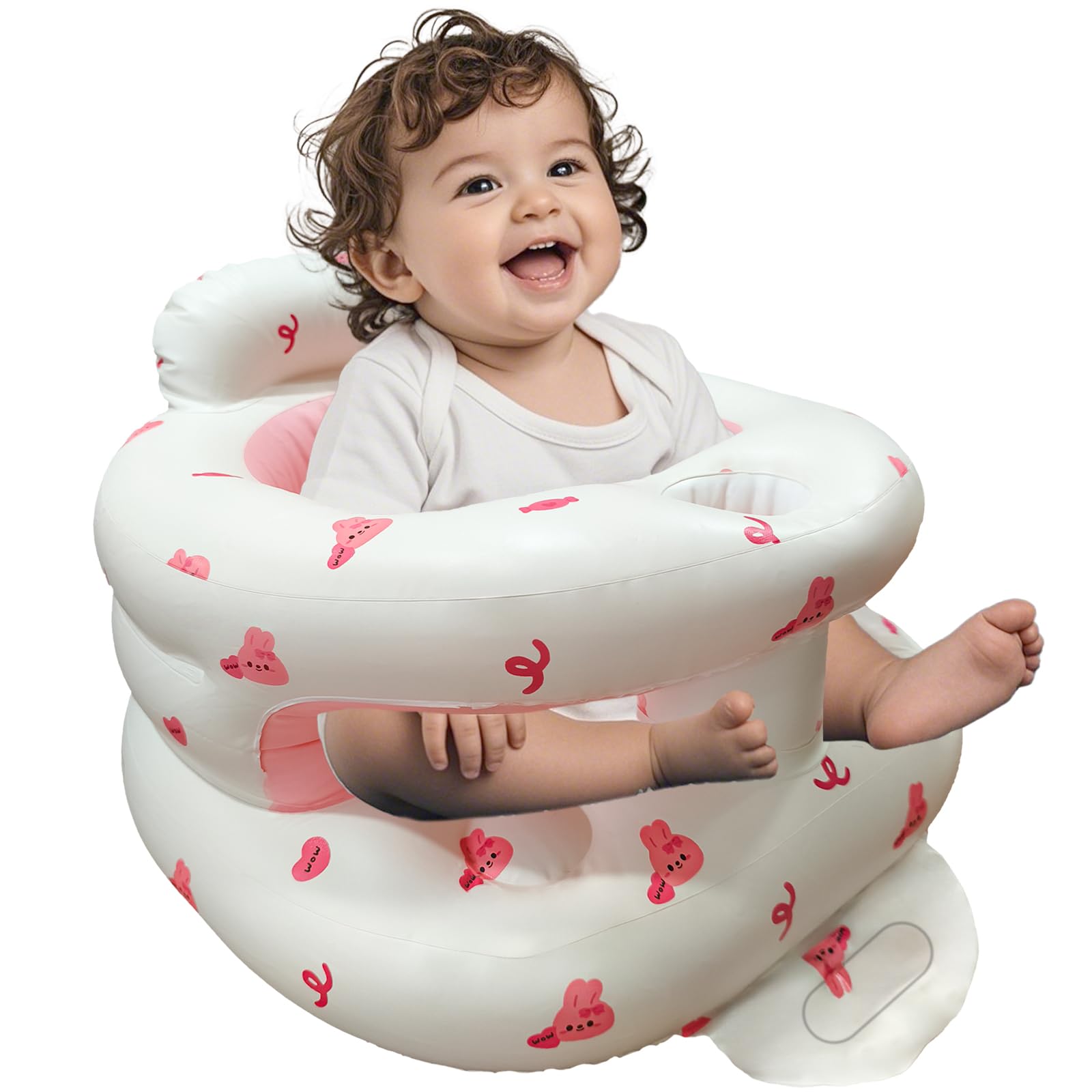 Asiento inflable para bebés de 3 a 36 meses, silla con valla, bomba de aire incorporada, asiento inflable para bebé con respaldo, silla inflable para bebé Sit Me Up para viajes en casa, valla de conejo rosa
