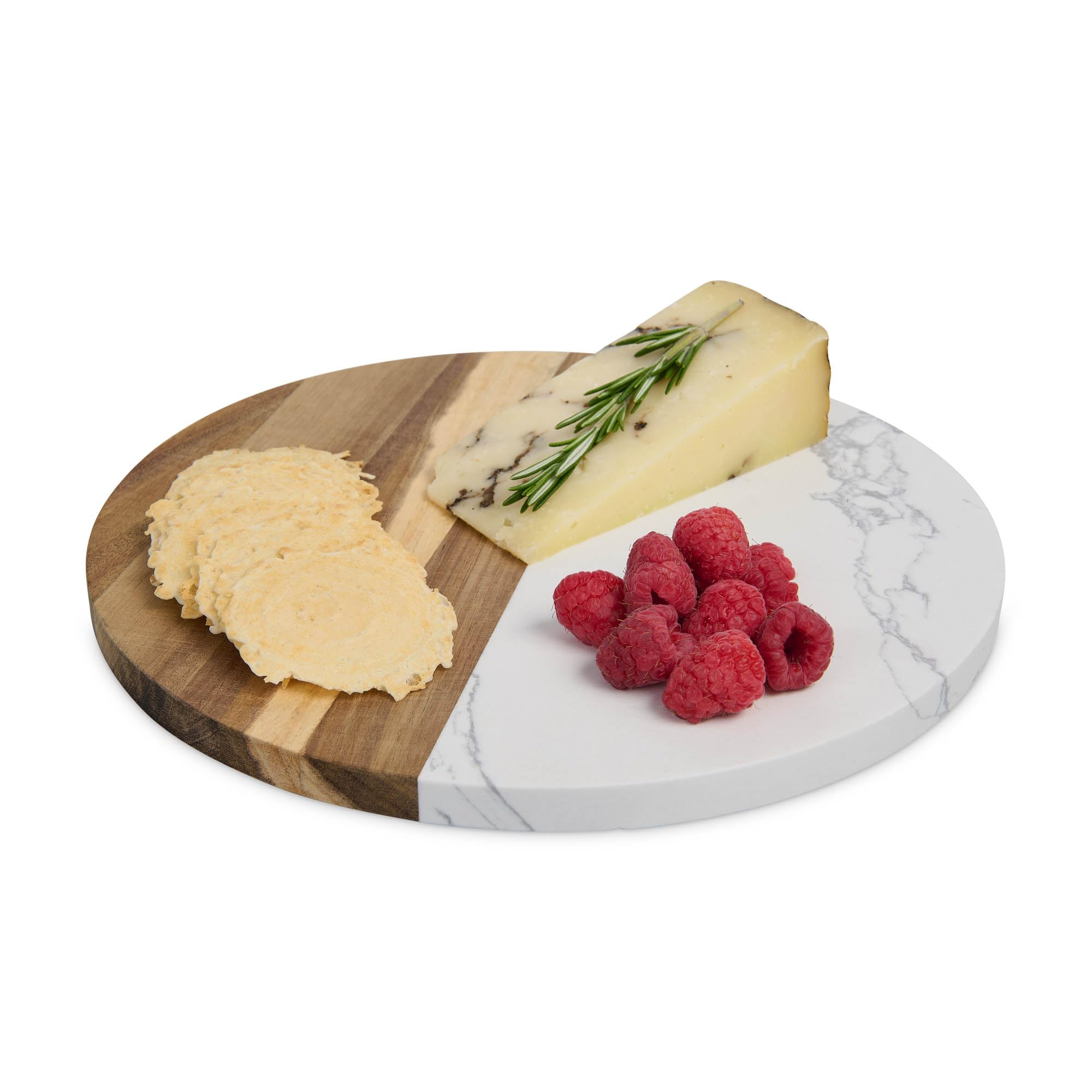Maison du Fromage - Tabla de queso para embutidos, mármol cultivado y madera, redonda, 9.85 x 9.85 x 0.5 pulgadas