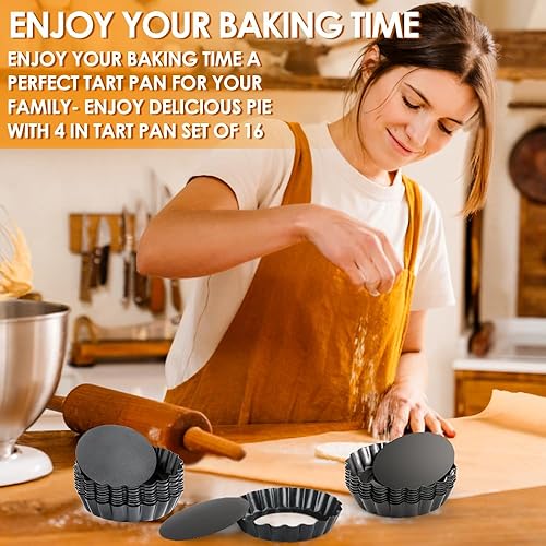 Miniatura 7 de Cyimi 16 piezas de mini moldes para tartas, sartén para quiche de 4 pulgadas, antiadherente, extraíble, mini moldes para tartas, quiche, pasteles de