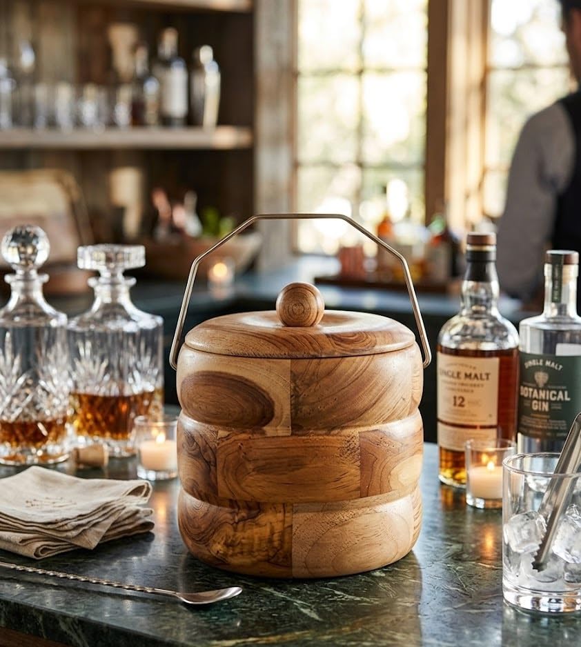 Wood Insulated Ice Bucket with Stainless Steel Inner Box | Handmade Premium Wooden Ice Cube Bucket with Handle for Parties Restaurants Bar & Home Use-image-29