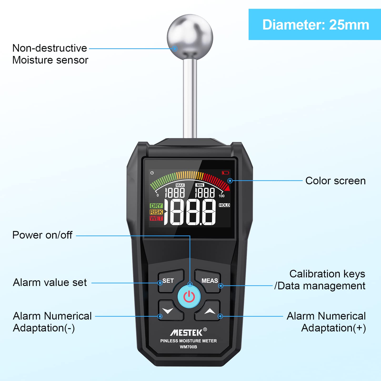 Medidor de Humedad MESTEK Humidímetros 20-40mm Digital sin Pin Detector de Humedad Portátil Humedad Medición Pantalla LCD Alarma para Madera, Paredes, Hormigón, Ladrillo y Materiales de Construcción