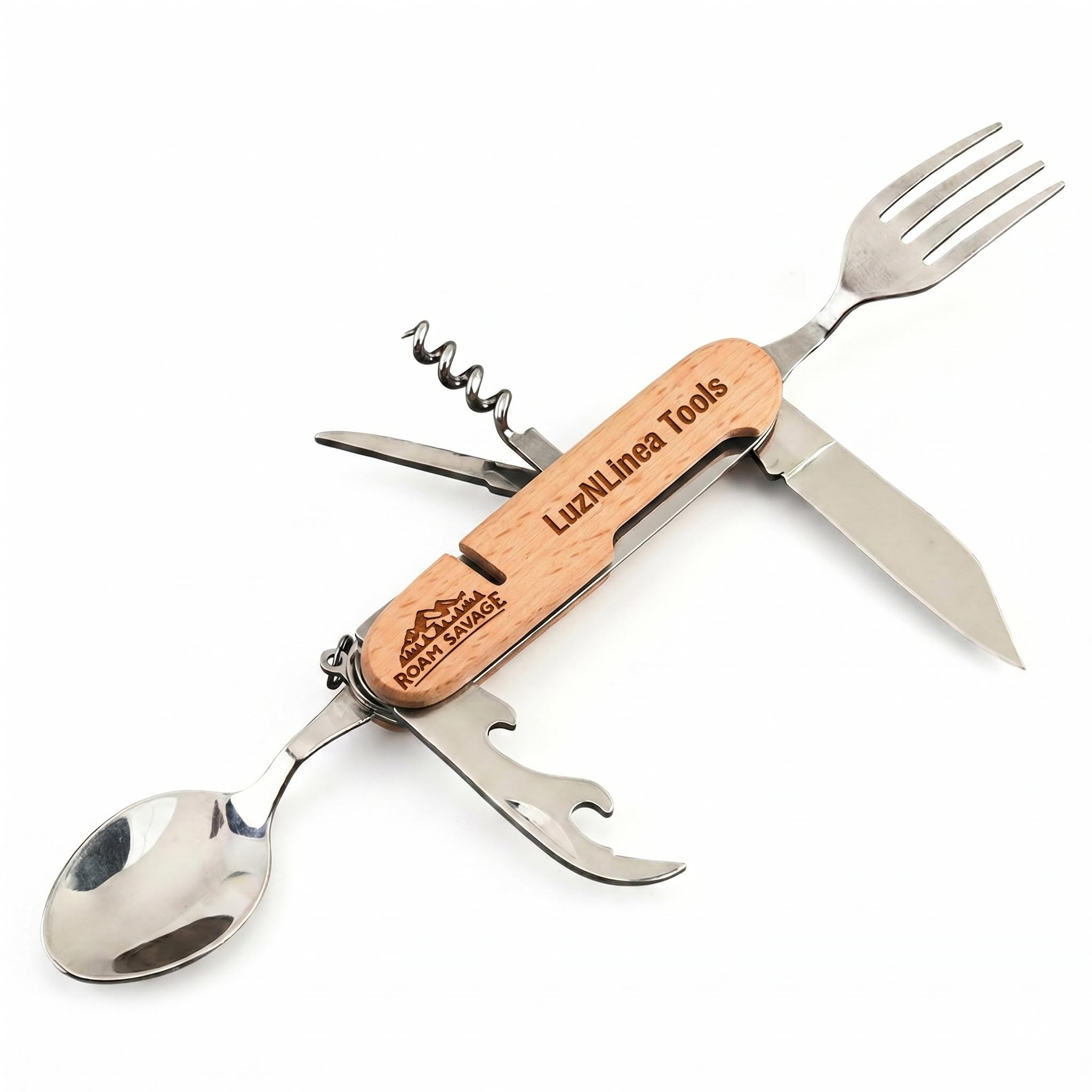 Roam Savage Outil Multifonction Camping en Acier Inoxydable, Couverts Pliables avec Couteau, Tire-Bouchon et Ouvre-Boîte, Kit Portable pour Randonnée, Backpacking et Outdoor