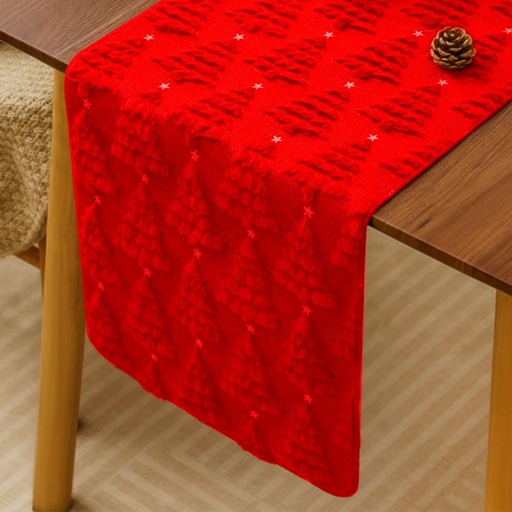 MiOYOOW Christmas Table Runner, Plush Christmas Trees Tablecloth with Stars Dining Tabletop Decor for Home Kitchen Party（13 * 72"）