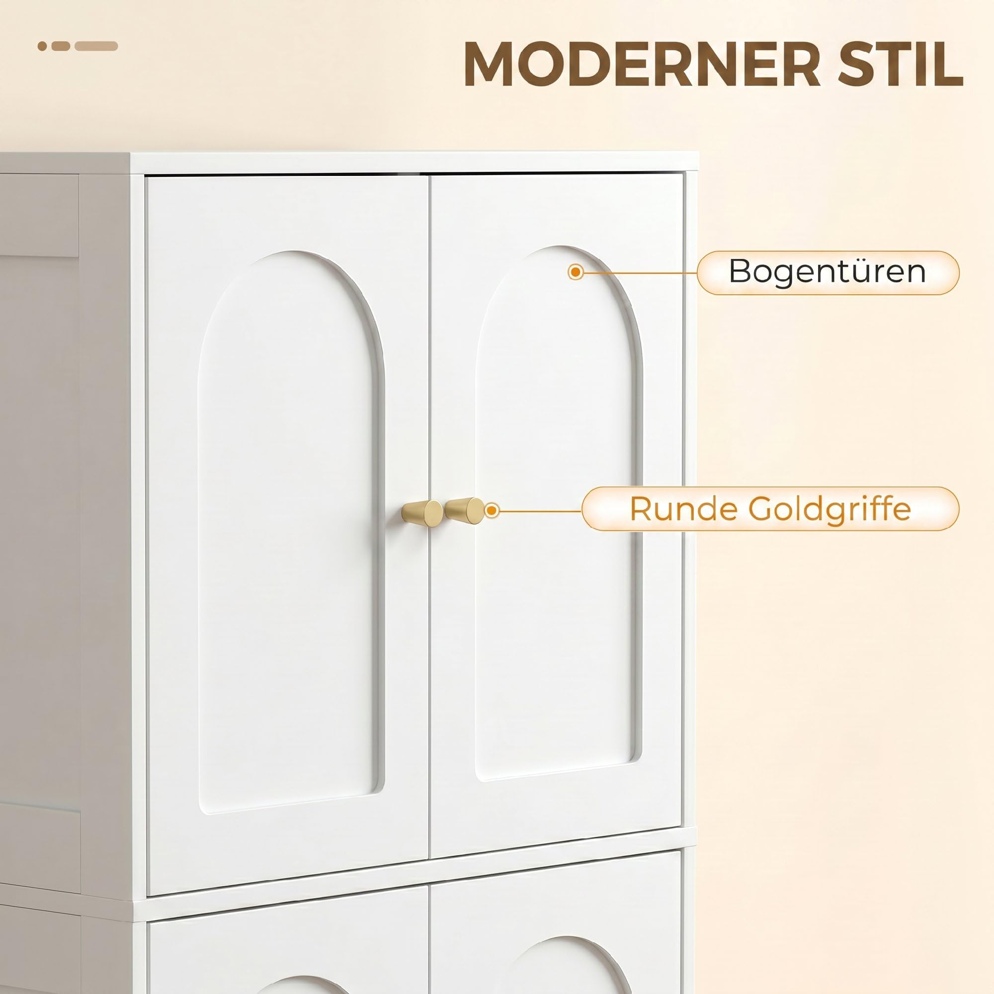 HOMCOM Küchenschrank, Hochschrank mit 2 verstellbaren Regalböden, Küchenbuffet Buffetschrank mit 4 gewölbten Türen, für Wohnzimmer, Weiß, 60 x 30 x 110 cm