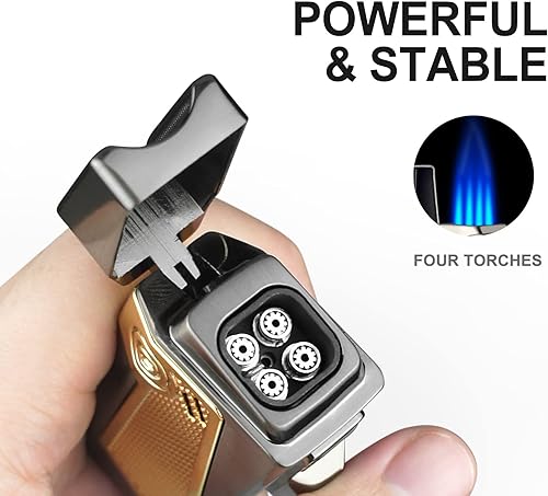 Miniatura 3 de Encendedor de puros con soporte de cigarros en la parte superior Cuatro llama butano recargable encendedor de cigarros con punzón (negro)