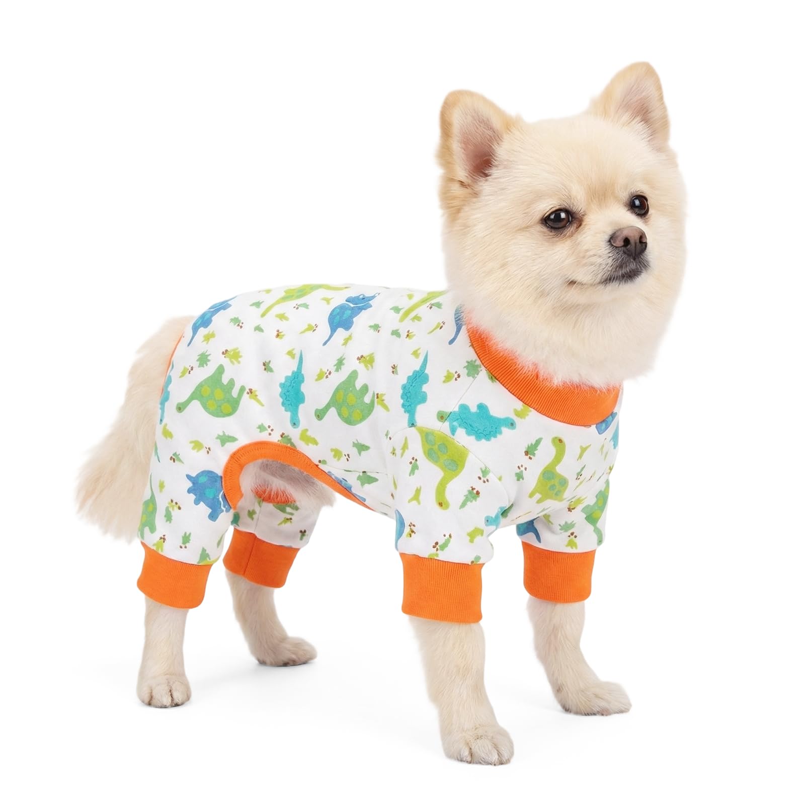 Viiotu Dog Pajamas Cotton Cartoon Print, Soft Stretchy Dog Sleepwear for Small Medium Dogs, Comfortable Puppy Clothes for Fall Winter (Dinosaur, L)