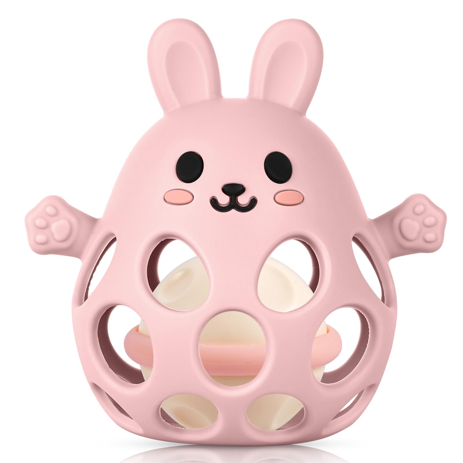 HOTUT Silikon Babyrassel Kaninchen, BPA-frei Spielzeug-Silikon Baby Ball Beißring, Weich Greifball für Babys, Baby Rassel Beißring Spielzeug für Neugeborene Kleinkinder (Hell-Pink)