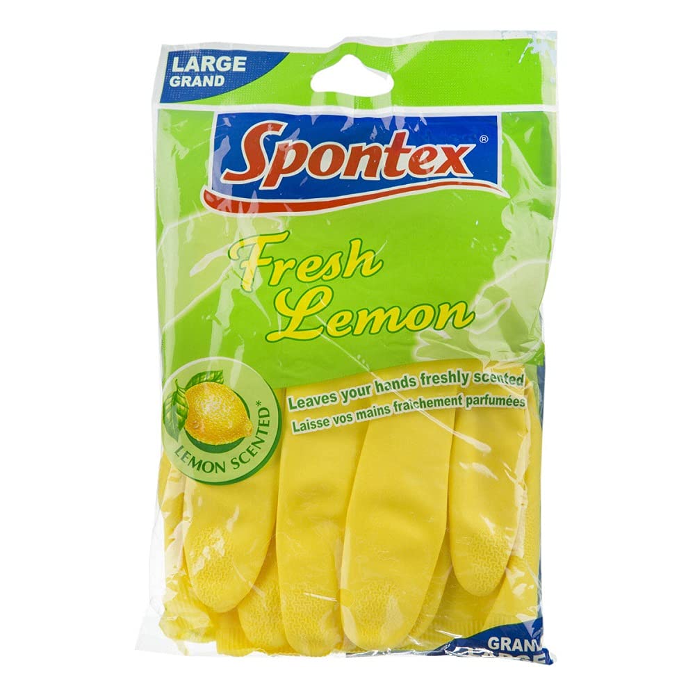Spontex Scented Fresh Lemon Gloves, Strong and Long-Lasting Freshness, Anti Slip Grip, Flock Lining With Flex Comfort Technology, Ultra-Fresh Treatment, Large, Yellow