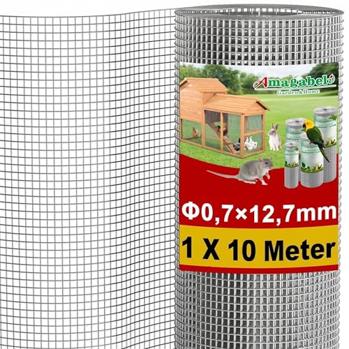 Amagabeli Galvanisé Mailles Carrées Fil Épais 0.7mm Maille 1.0M X 10M, Mailles(12x12mm) Grillage Soudé Pour Poulailler, Clôture de Jardin et Volière