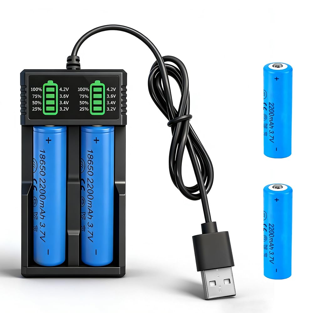 NAVESO 2 baterías recargables de 3,7 V 2200 mAh, batería de iones de litio de 3,7 V con cargador, batería de iones de litio para linterna, ventilador pequeño, timbre, mini ventilador, linterna frontal