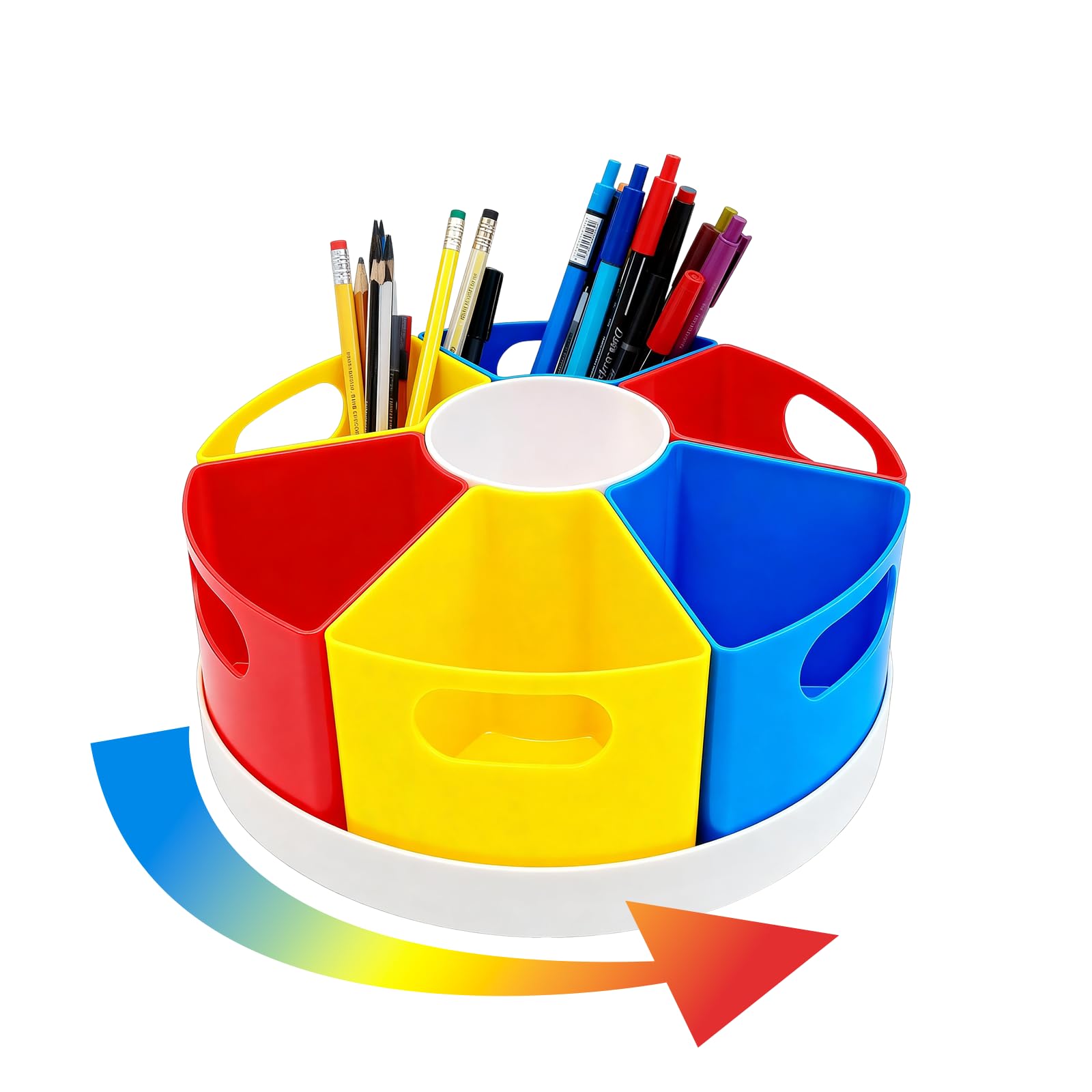 AUSTUFF Rotating Desk Stationary Organiser for Kids, 360° Rotating Pen Holder for Desk with 7 Removable Compartments, Multicolored Pencil Organiser for Home Office School