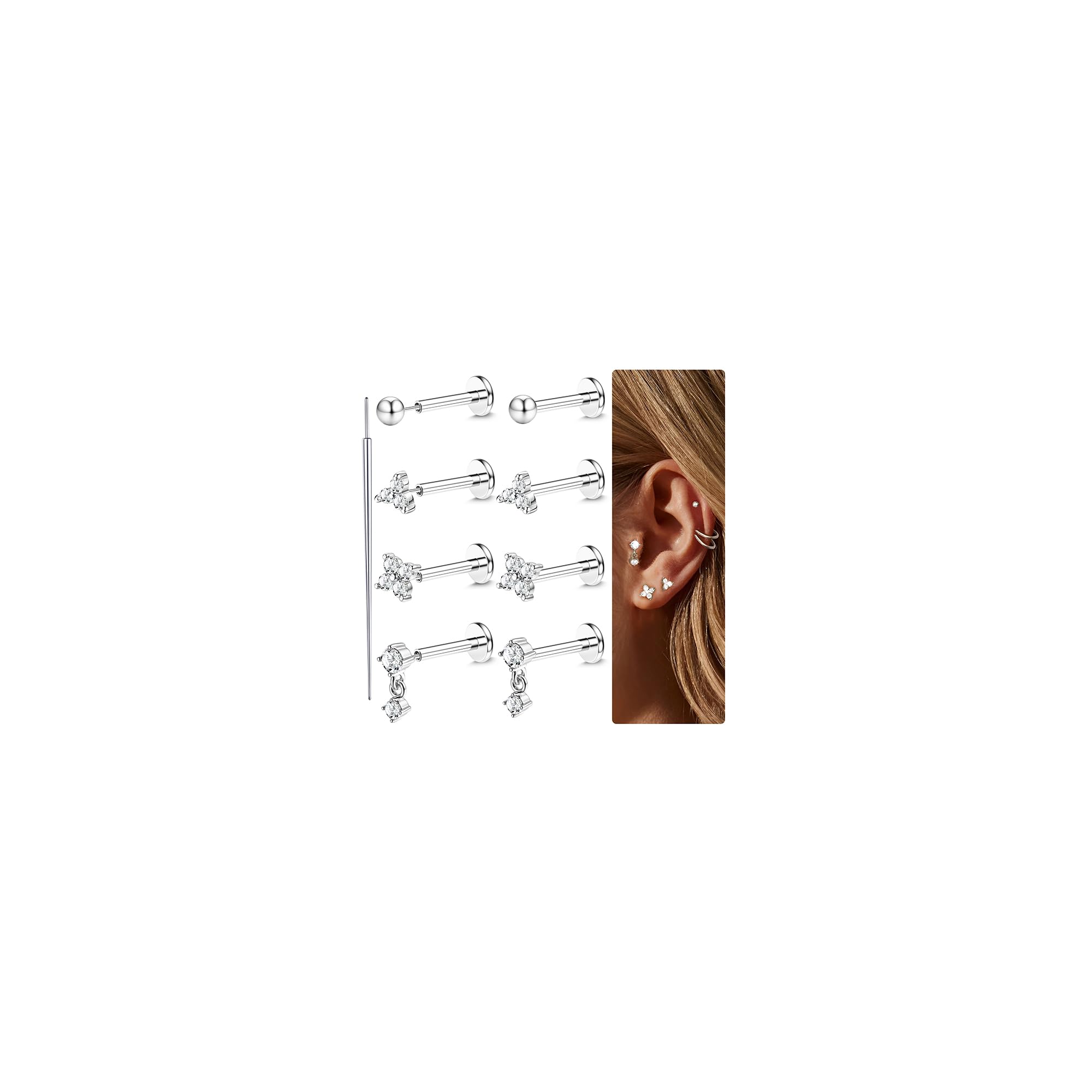16G/18G/20G Chirurgenstahl Tragus-Piercing-Schmuck, Labret-Piercing-Schmuck, gewindelose, eindrückbare Nasenstecker, Tragus-Ohrringe, Flache Rückseite, Tragus-Ohrstecker, Lippe,