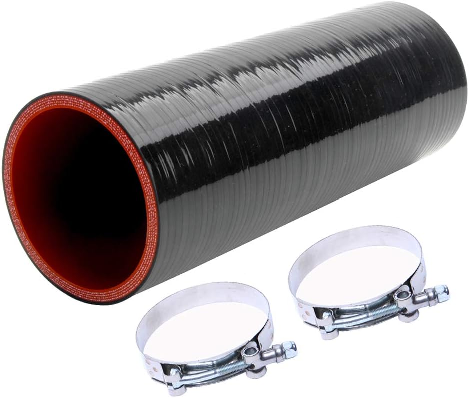 Hose 8''(203MM) Length 4-Ply 5MM thickness Long Straight Coupler Silicone Hose Black with Red Color with T-clamp ID: 2.25‘’(57mm)