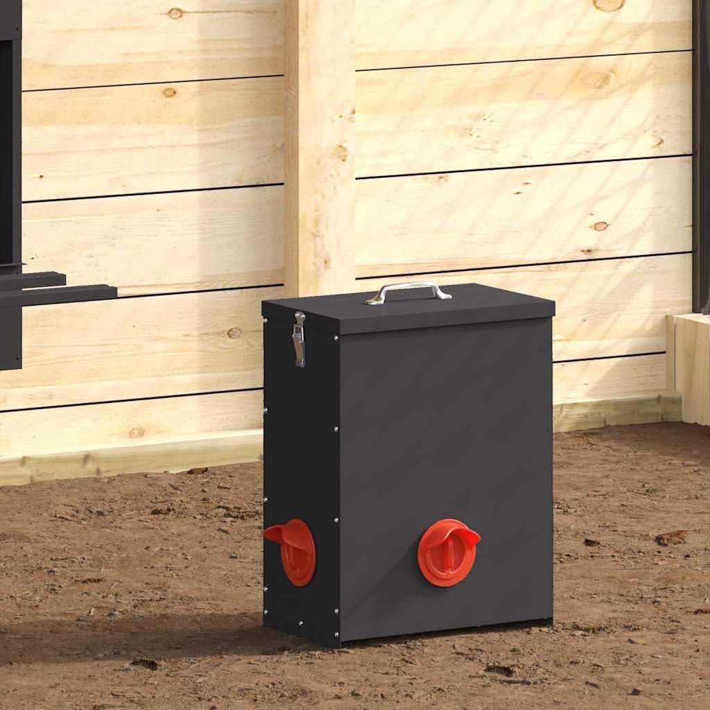 Comedero para gallinas 2 piezas de metal negro, 32,5 x 20,5 x 43 cm, gran capacidad de 25 kg con tapa bloqueable impermeable, diseño moderno para gallinero exterior, mantenimiento