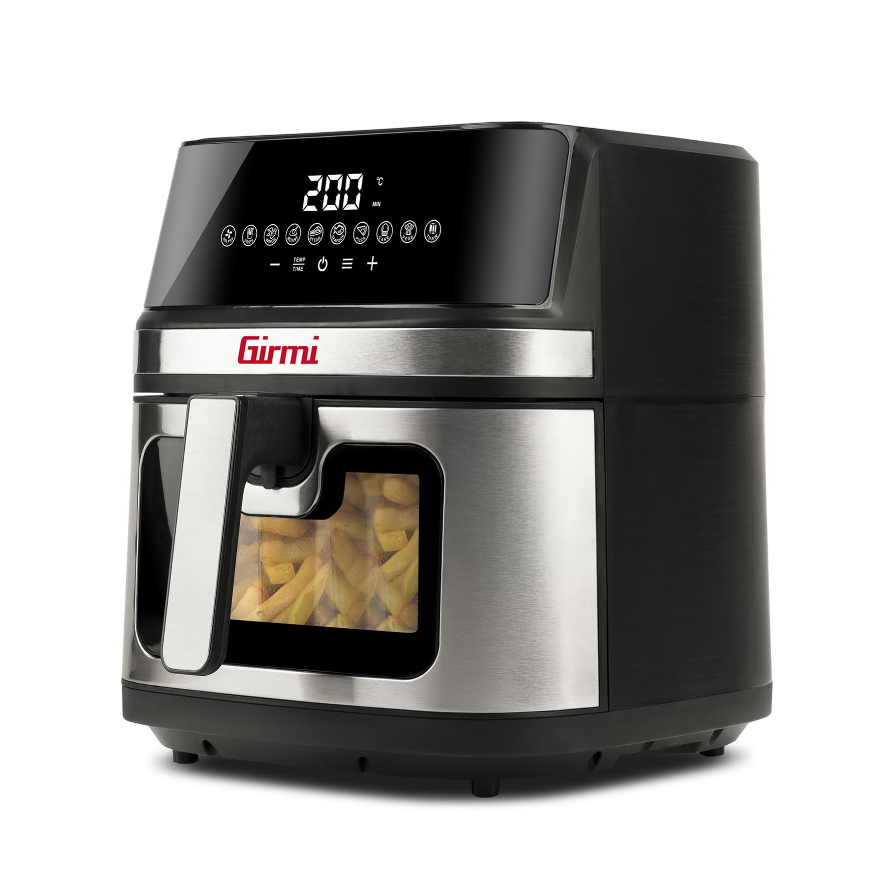 Girmi FG80 Freidora de aire 8 litros, 2200 W, Pantalla digital, 10 Programas, Cámara de cocción metálica, Doble resistencia, Recetario incluido, Negro-Inox